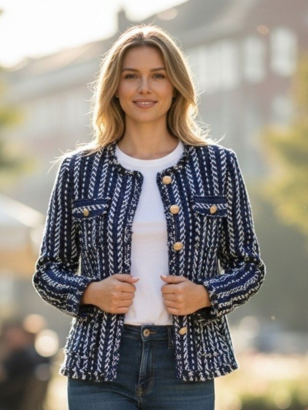 Vici Navy & White Tweed Button-Front Blazer